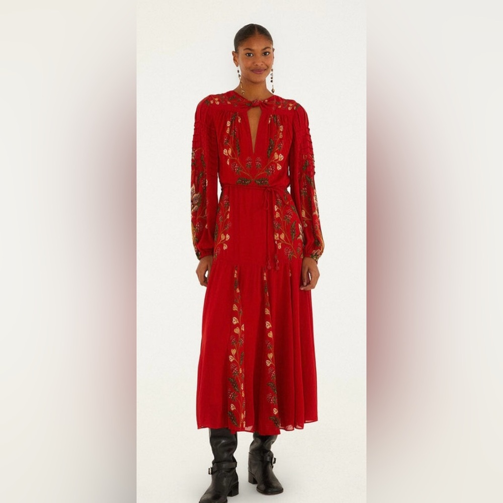 FARM Rio Red Floral Long Sleeve Maxi Dress